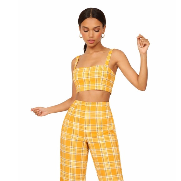 Reformation Pants - Reformation Women's Yellow Plaid Linen Noble Pants & Atlas Crop Top Set Size 2
